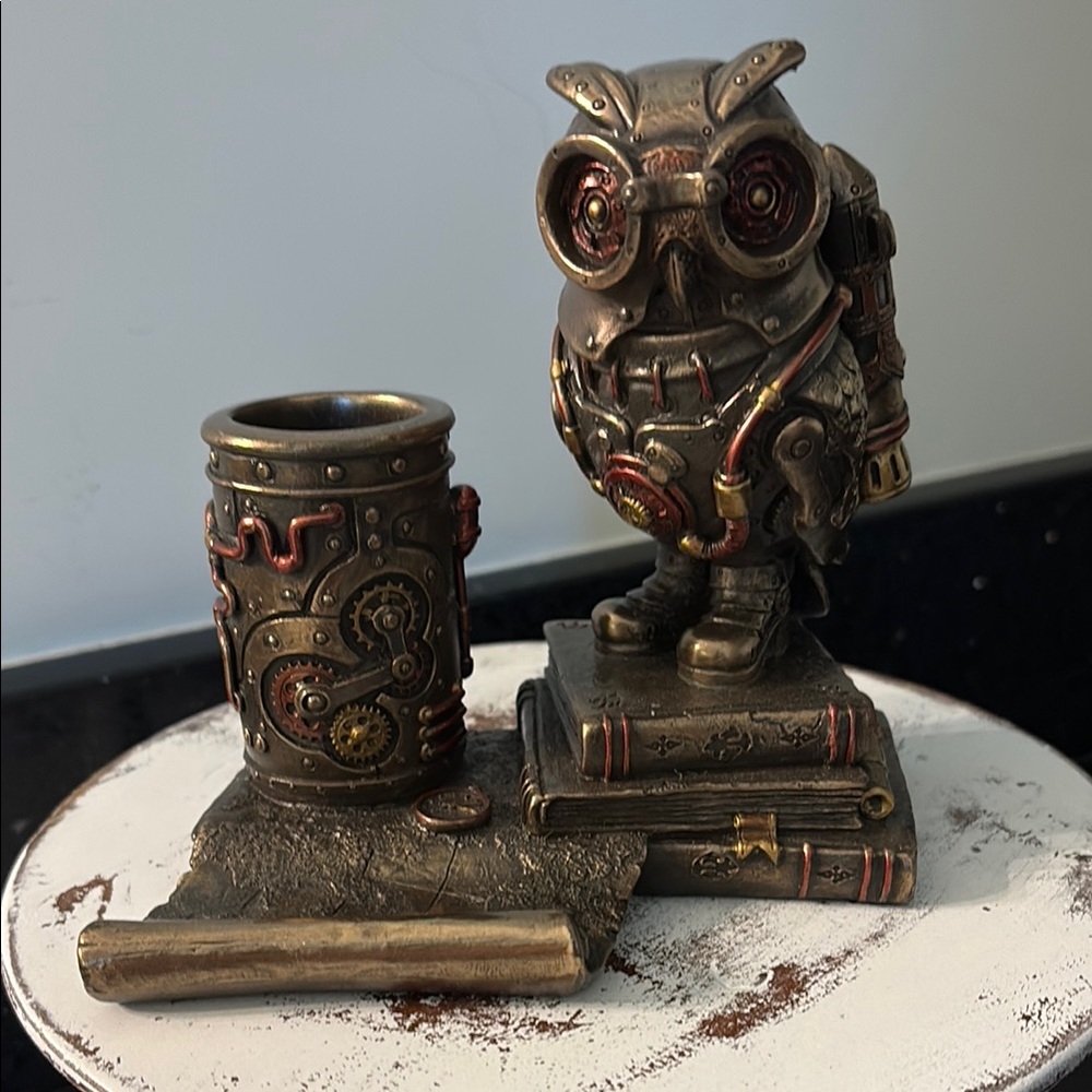 Steampunk Owl Cell Phone Pen Desk Statue Figurine Bronze Aviator Space Halloween
